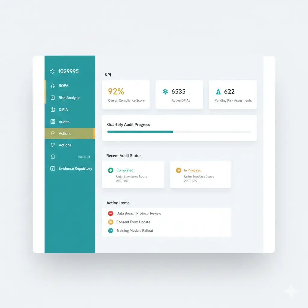 Dashboard de gestión RGPD con ROPA, análisis de riesgos y auditorías